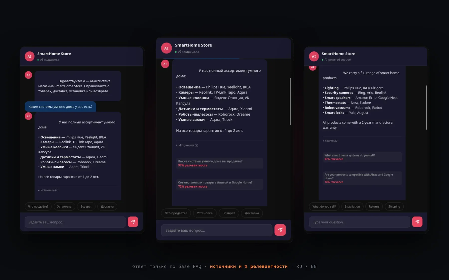 AI FAQ-бот: ответы по базе магазина на русском и английском с источниками и процентом релевантности